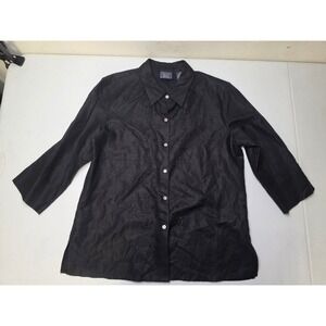 Laura Scott Petite Black Linen Blend Embroidered Beaded Button Down Shirt 10P